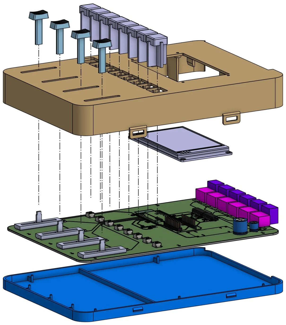 Exploded view of the enclosure, PCBA and display