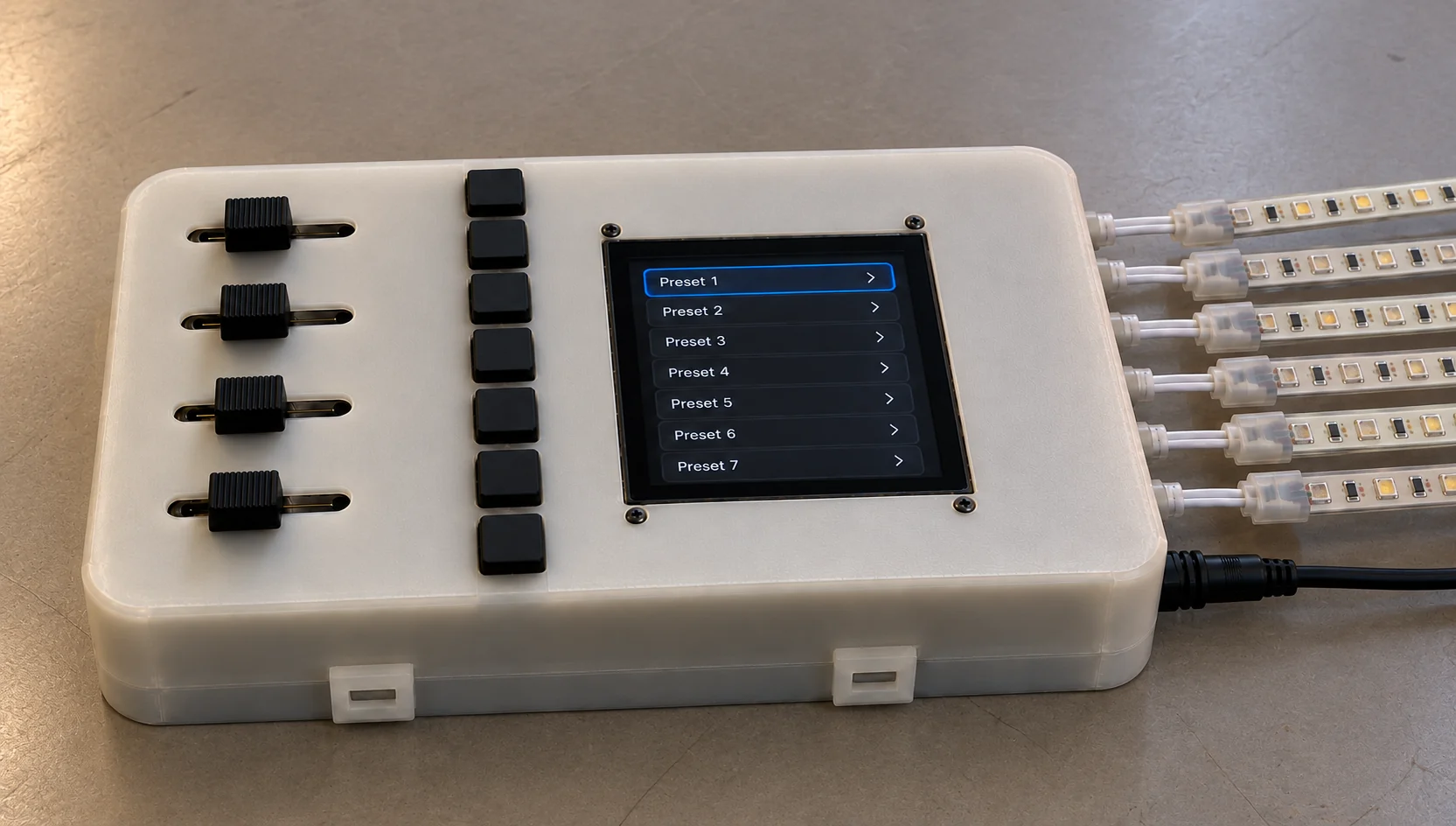 Render of the pilot controller with six LED strips and the power cable connected