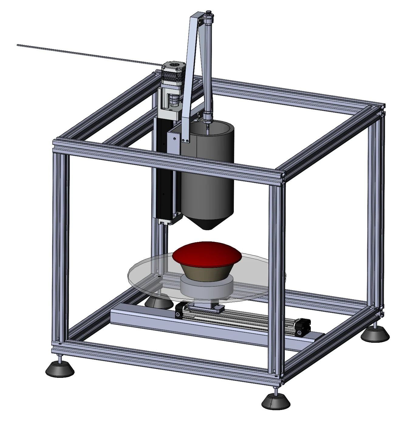 CAD of FrostBot V2: an 80/20 frame with a pneumatic piston over a turntable