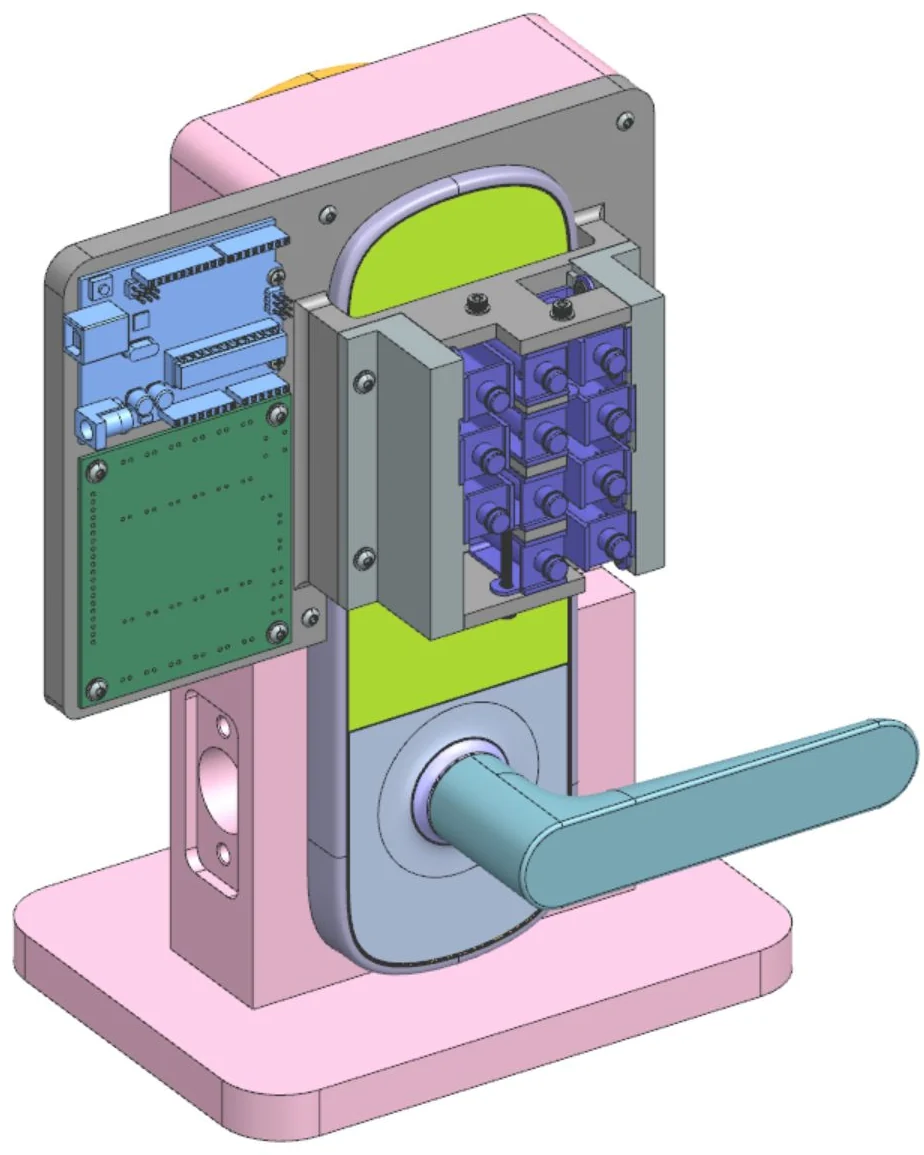 CAD of the keypad test fixture mounted on the lock