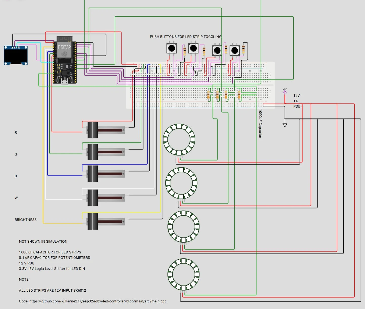 ESP32 simulation of P1: OLED, five sliders, four buttons and four LED strips shown as rings